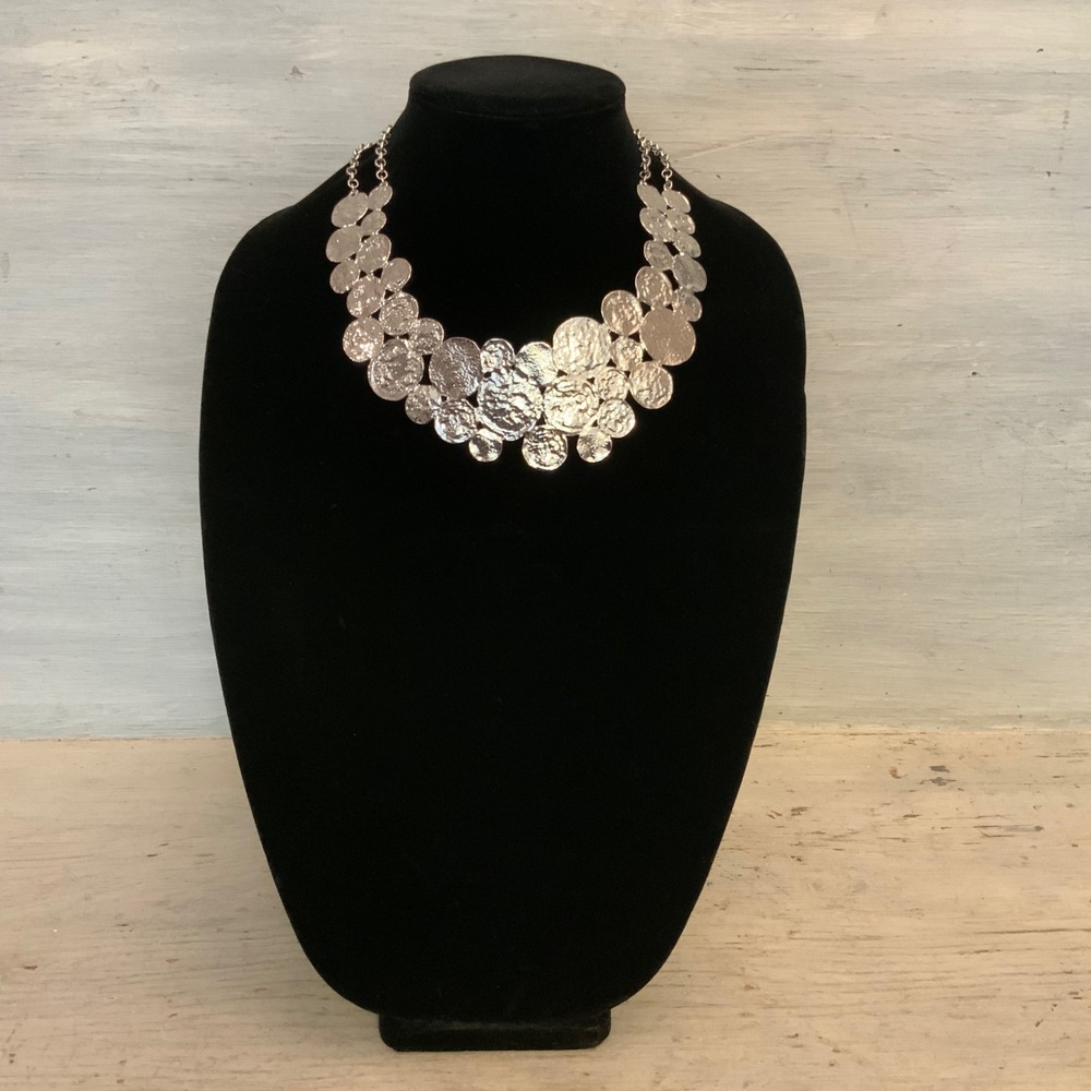 Silver Tone Textured Disc Layered Bib Collar Choker Statement Necklace 13-15"